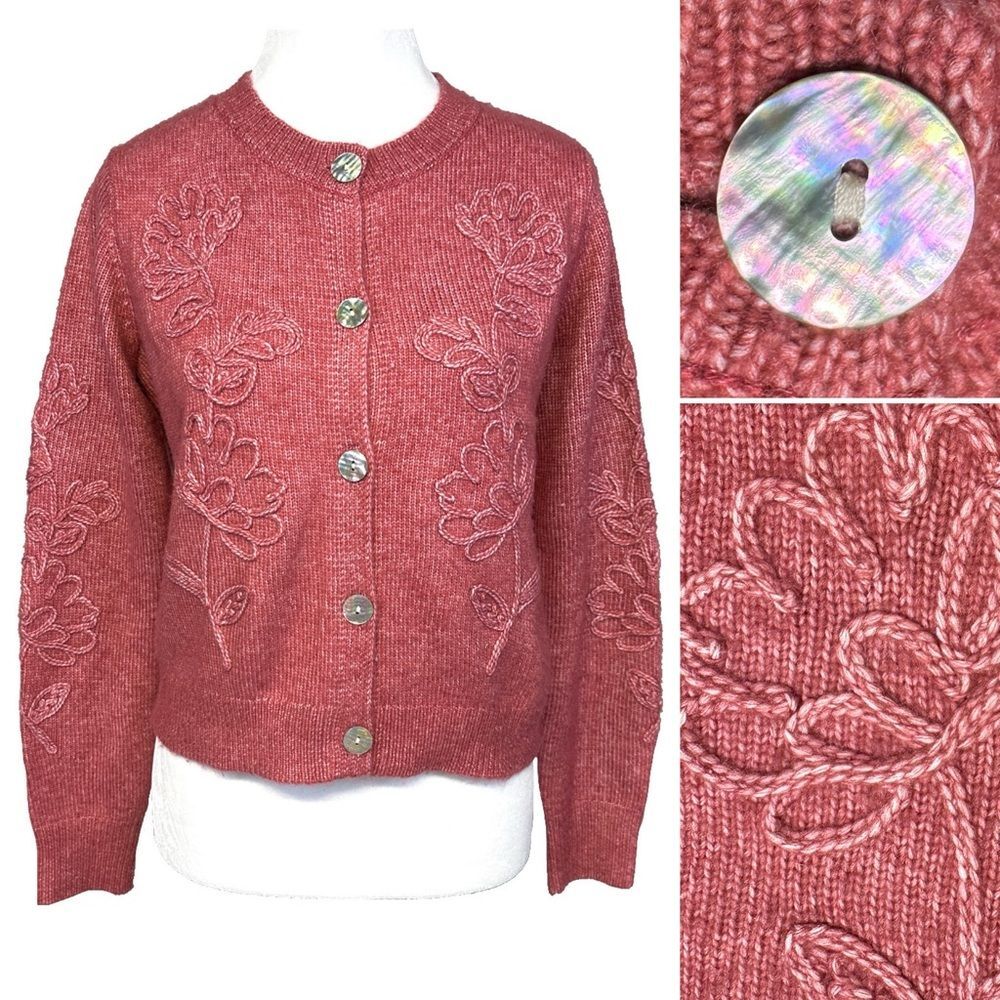 Joie Super Soft Pink Cardigan Real Mother of Pearl Shell Buttons Cottage sz XS